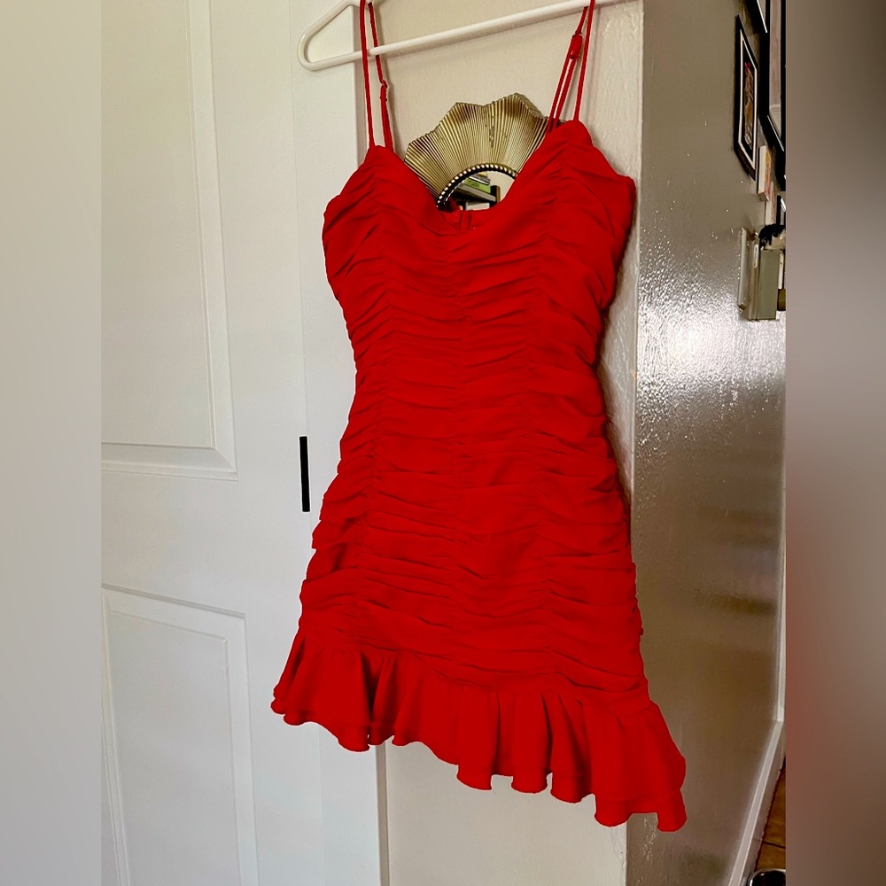 Lucy in the Sky Red Strappy Ruffled Ruched Dress